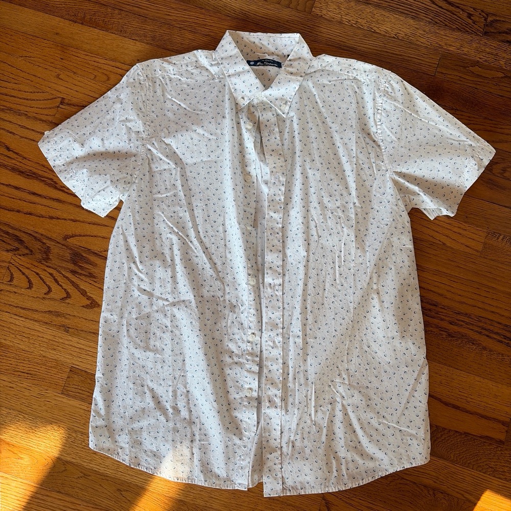 Ben Sherman White Short-Sleeve Button-Down with Blue Micro Print